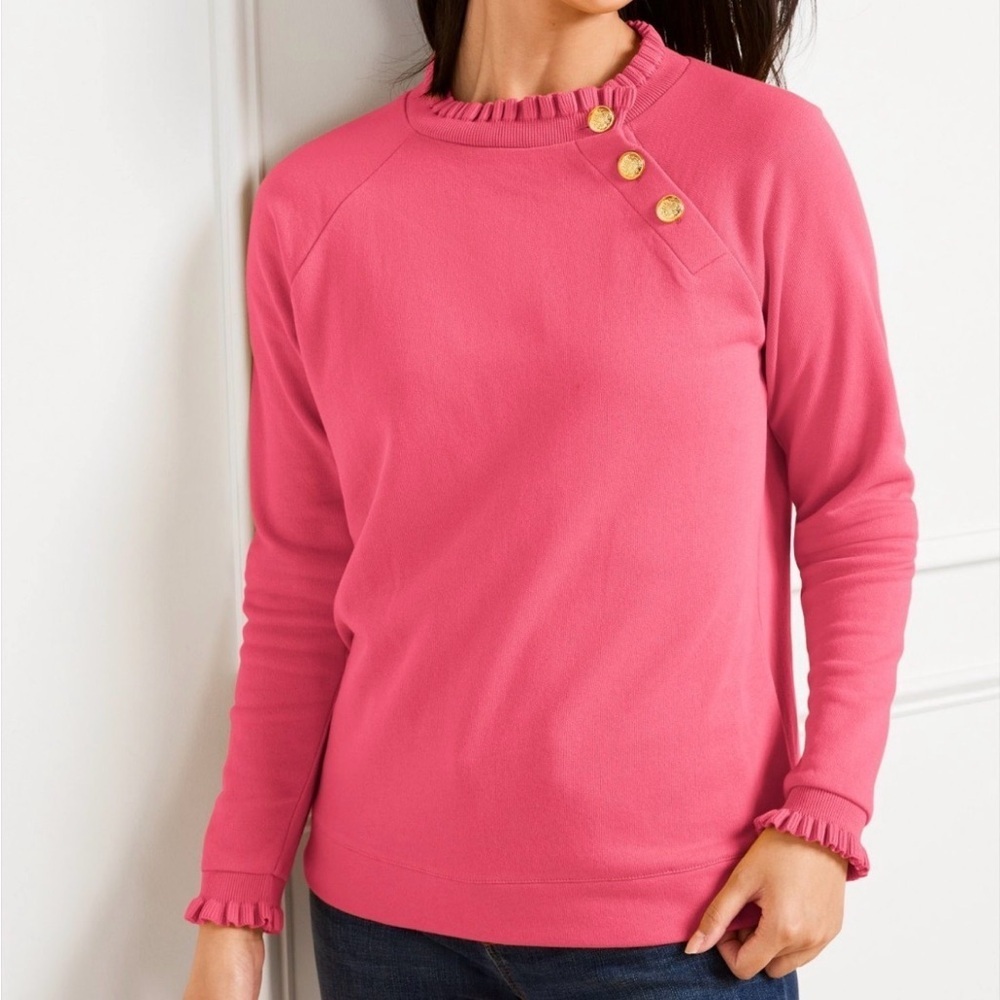 Talbots Ruffle Trim Raglan Sweatshirt Pink Gold Buttons At Neckline Size 1X